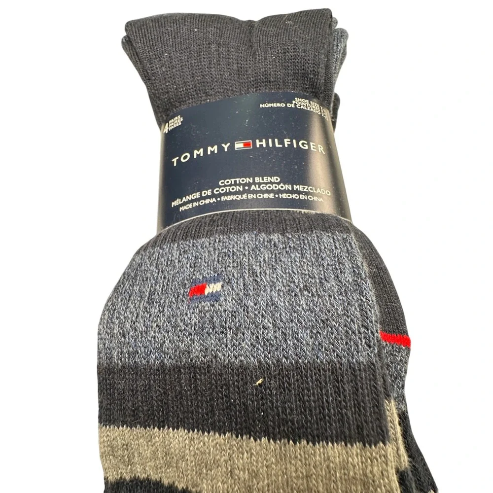 Tommy Hilfiger Men Socks 4-Pack Navy Blue Cotton Blend Striped Logo New 7-12